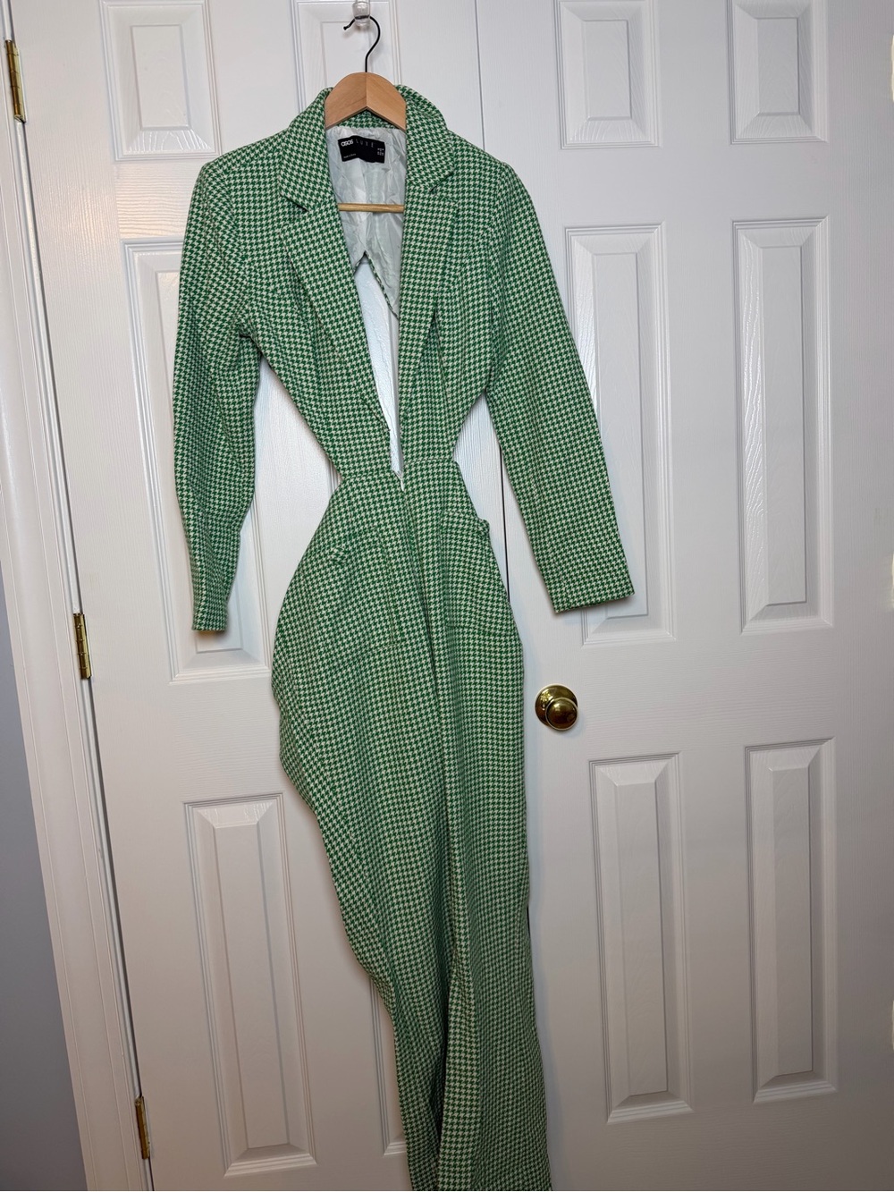 ASOS Luxe Green Houndstooth Long Sleeve Jumpsuit